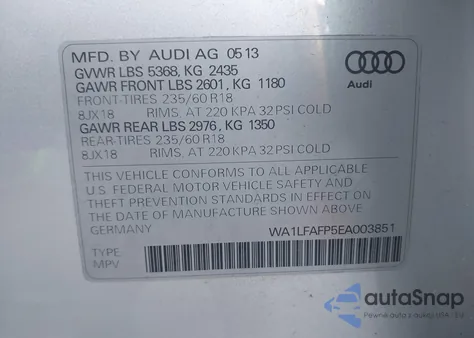 2014 Audi Q5 2.0T Premium from USA, damaged, VIN WA1LFAFP5EA003851